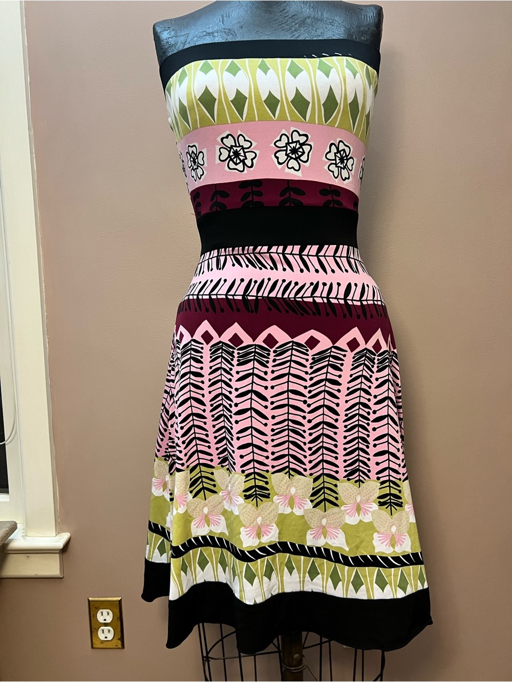 Y2K Miss Bisou Pink and Green Strapless Funky Floral Pattern A-line Tie Dress S